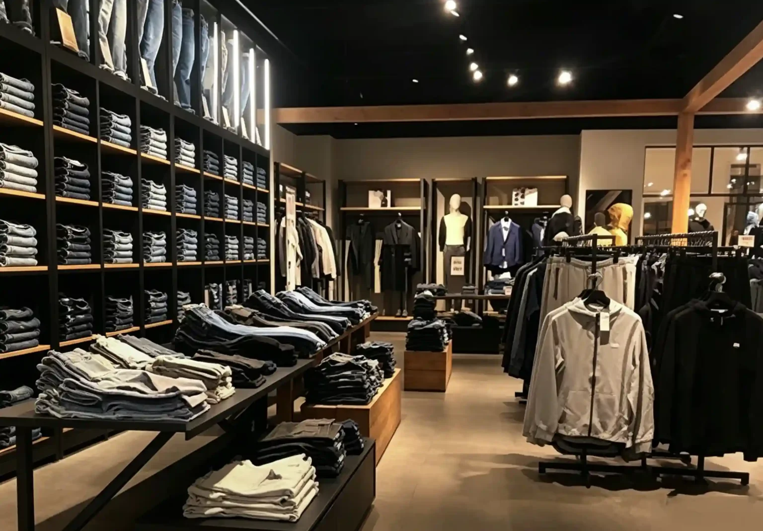 Retail store lighting solution with adjustable track lights illuminating fashion displays