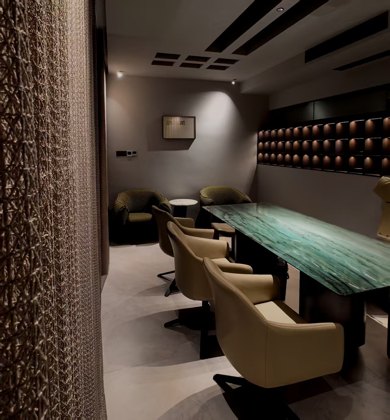 Tea tasting area illuminated by warm 3000K recessed LED spotlights