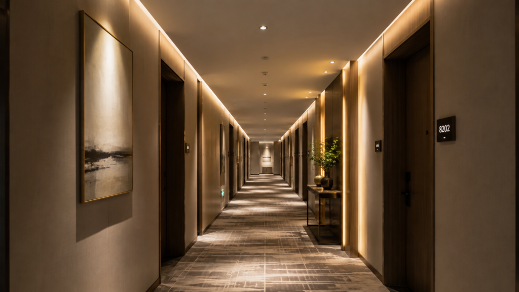 Anti-glare LED downlights in a hotel corridor lighting project