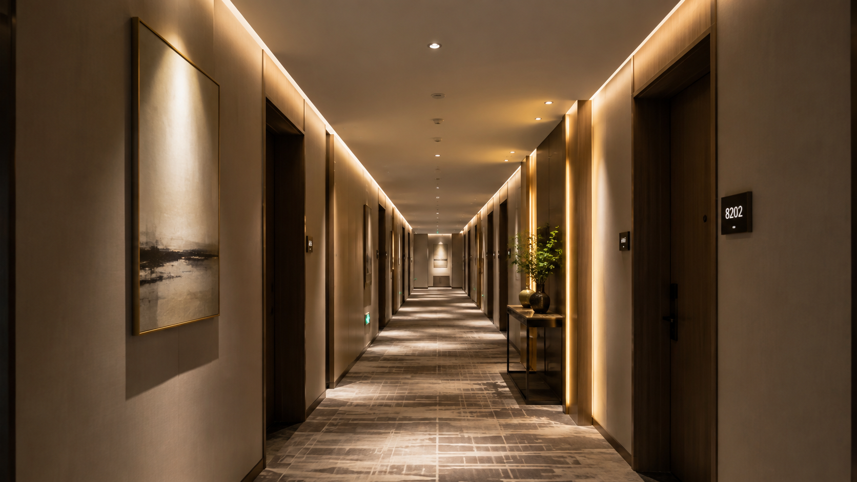 Anti-glare LED downlights in a hotel corridor lighting project