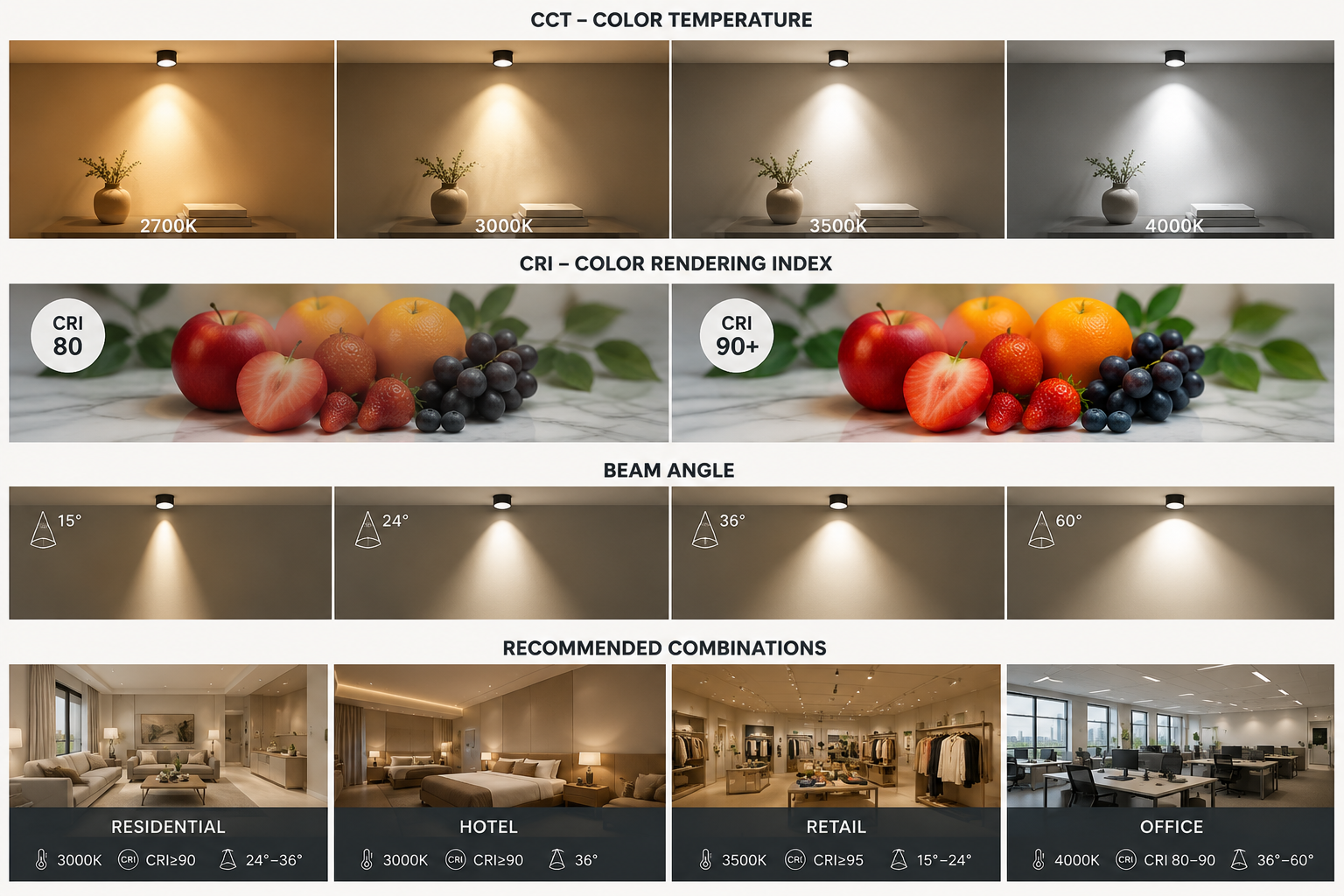 LED spotlight CCT CRI and beam angle selection
