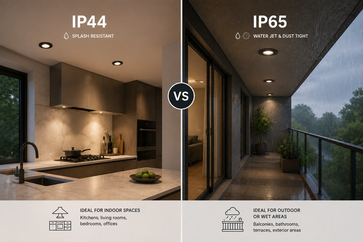 IP44 and IP65 LED spotlights for humid installation areas