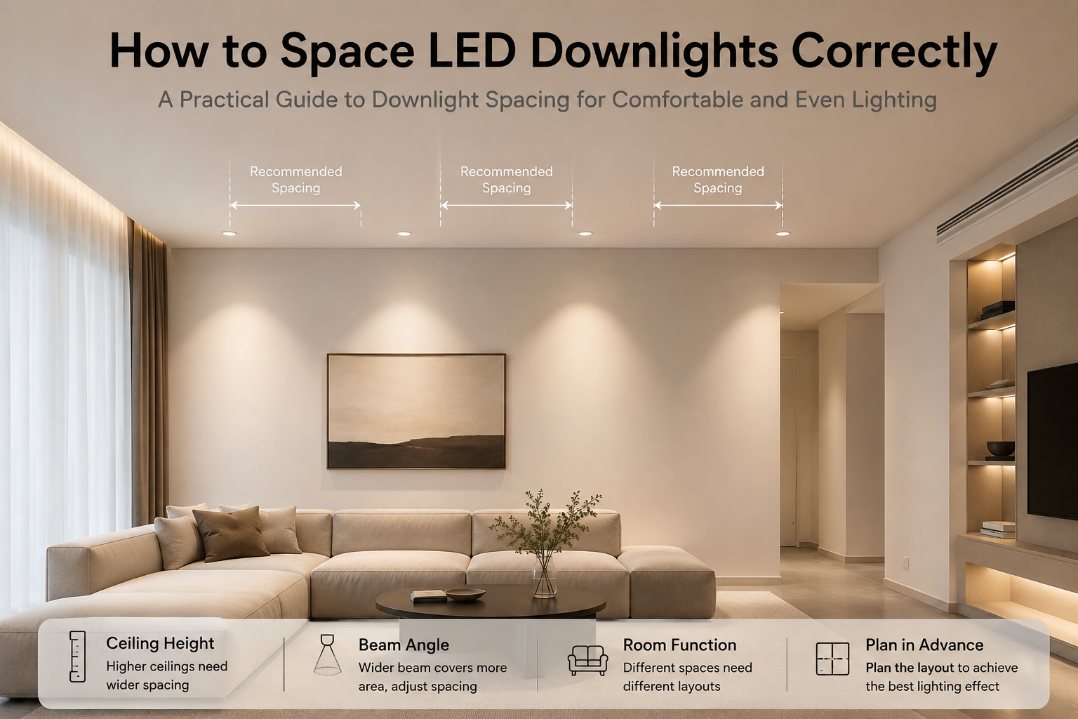LED downlight spacing plan for balanced room illumination