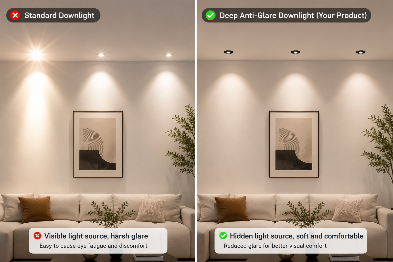 Anti-glare LED downlight with recessed optical design