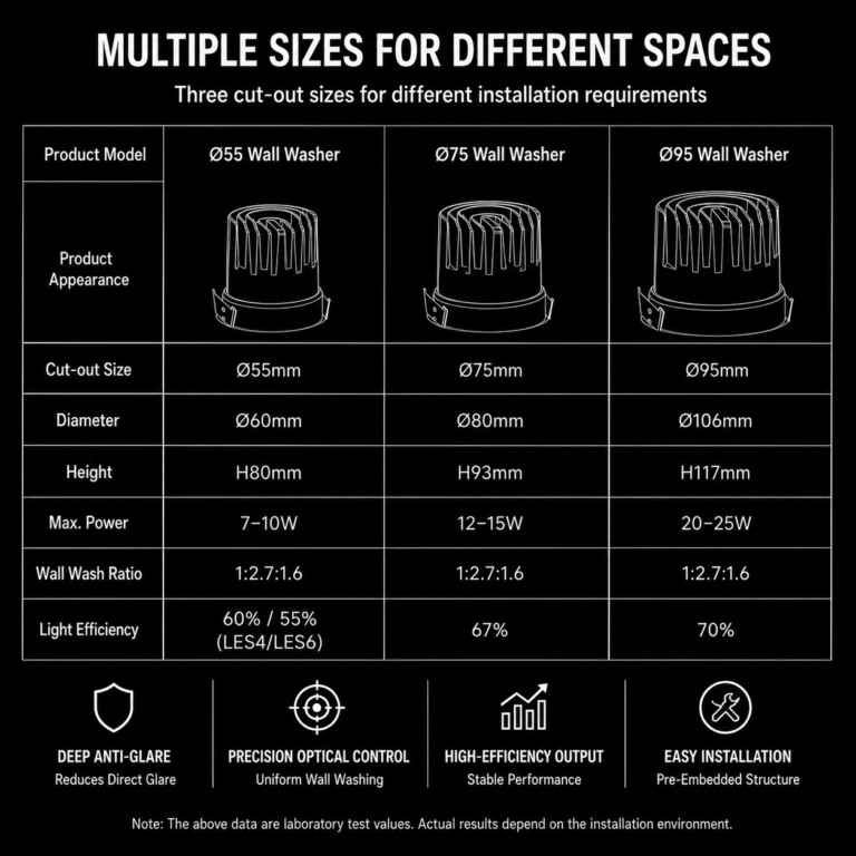 FST-OC03 wall washer size cut-out and power chart