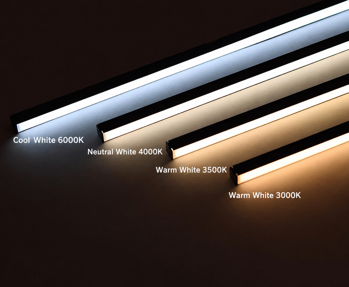 LED aluminum profiles shown in 3000K, 3500K, 4000K and 6000K color temperatures