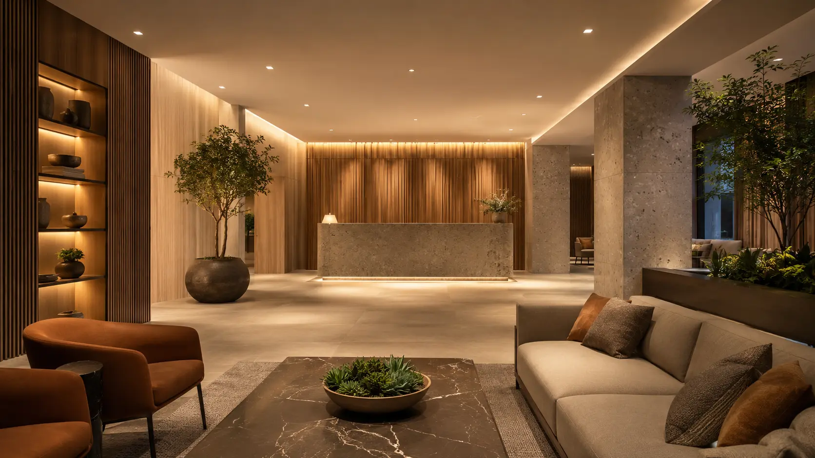 Hotel lobby lighting solution with recessed downlights and wall accent lighting