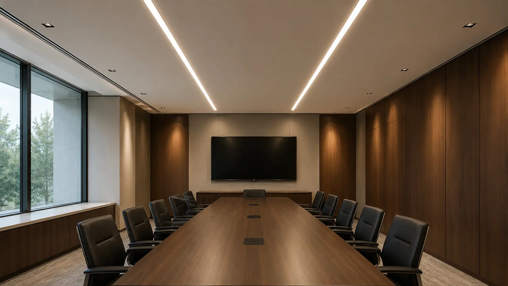 Office meeting room with linear and recessed lighting