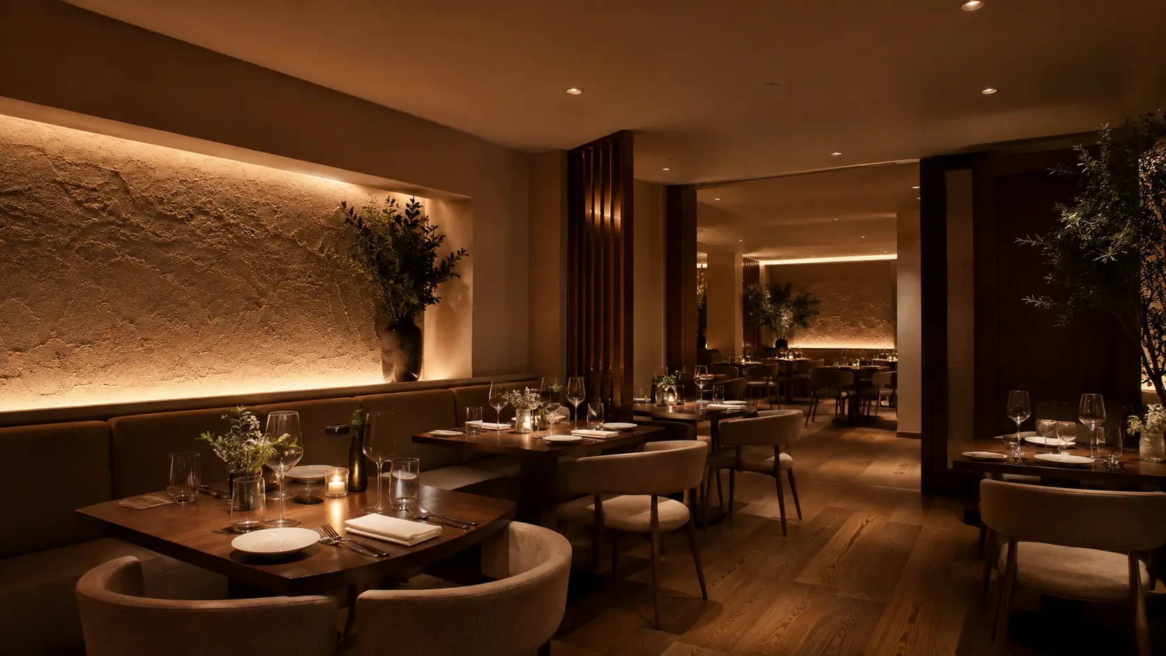 Restaurant with warm recessed and indirect lighting