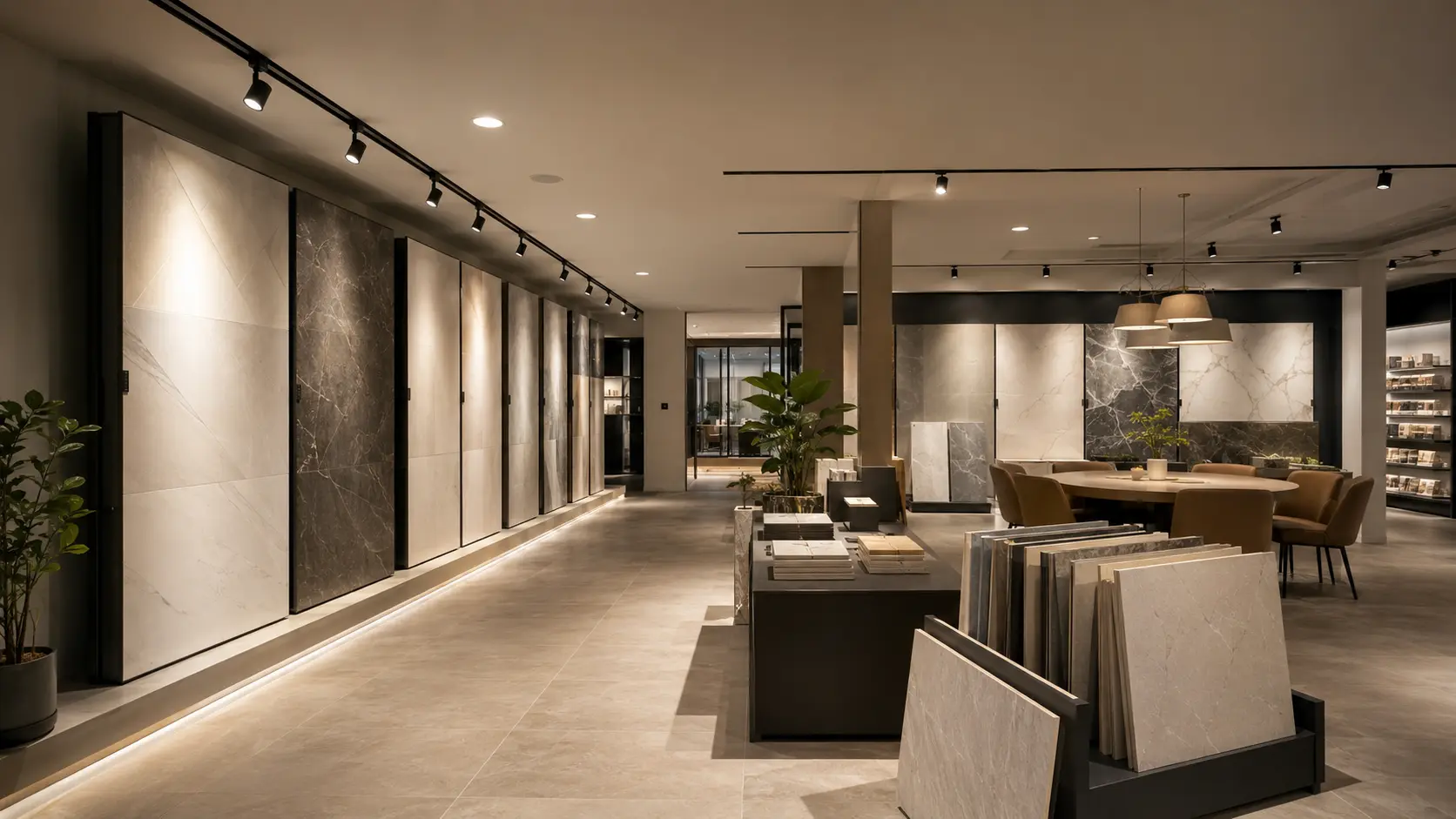 Retail showroom with track lights aimed at merchandise