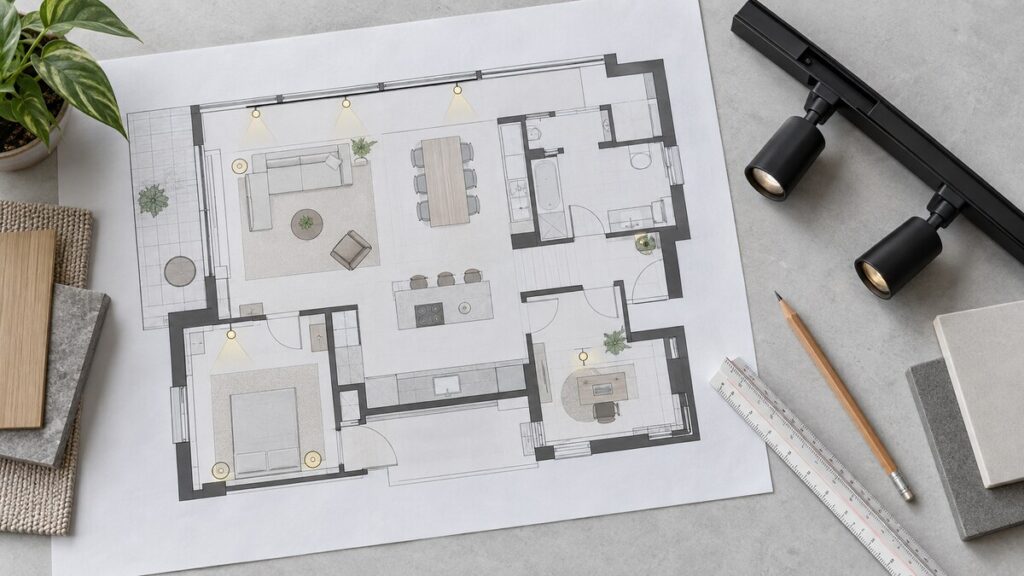 Selecting LED track lighting positions from an architectural floor plan