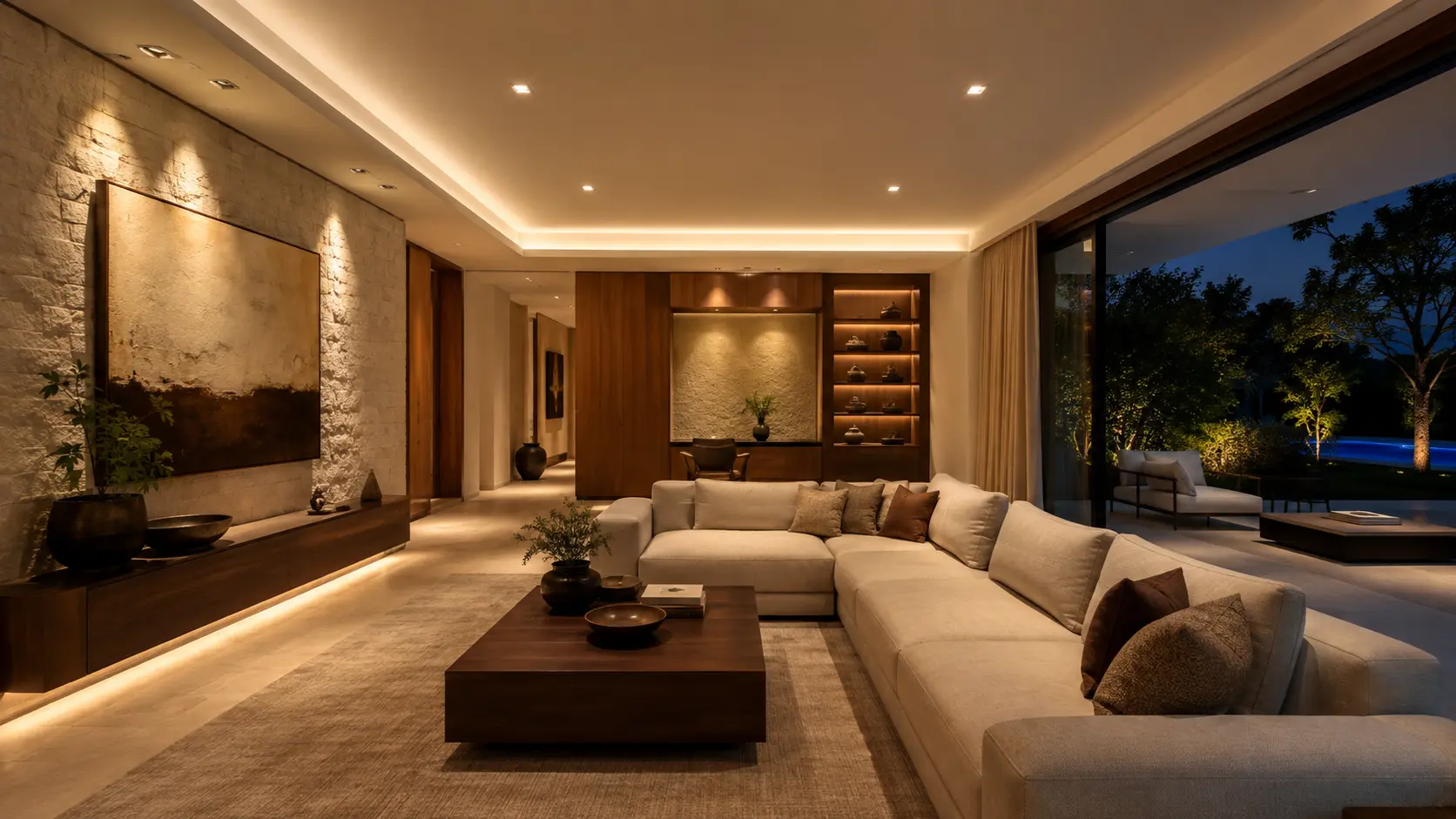 Villa living room with layered residential lighting